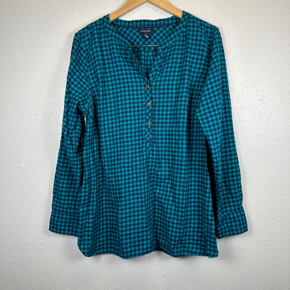 Lands End 16 Button Down Top Pullover Teal Blue Gingham Plaid V-Neck Relaxed Fit
